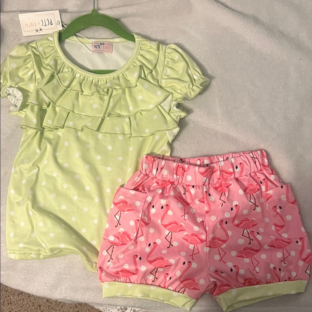Green Ruffle Top and Pink Flamingo Shorts Set